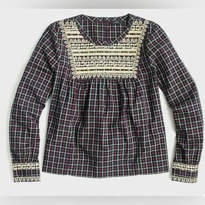 J Crew Size Small Gold Embroidered Holiday Plaid Peasant Blouse Top